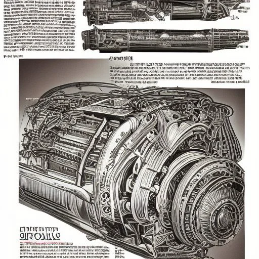 
a full page design of spaceship engine, black and bronze paper, intricate, highly detailed, epic, infographic, marginalia --ar 9:16