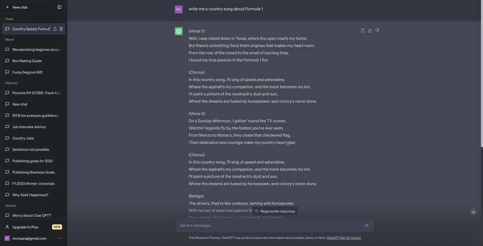 chatgpt suggestions for a country song about formula 1